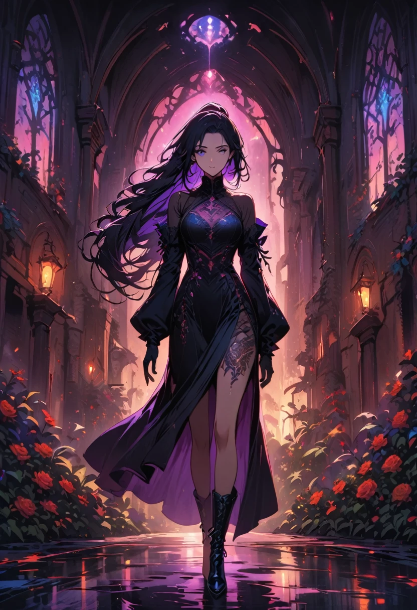 a detailed portrait of a female assassin in a dark fantasy setting, with long flowing hair in shades of black and purple, Tattood on the face, piercing blue eyes that emanate a sense of danger [detailed eyes, piercing blue:1.1], wearing a sleek black leather outfit [black leather outfit], adorned with intricate tattoos all over her body [intricate tattoos:1.1], including dragon scales on her arms [dragon scale tattoos] and an elaborate skull design on her back [skull tattoo:1.1]. She stands in a dimly lit underground chamber [dimly lit underground chamber], holding two curved daggers [curved daggers], The scene is illuminated with flickering torches [flickering torches], casting shadows and enhancing the suspenseful atmosphere. The color palette is predominantly dark and moody, with hints of red and purple accents [dark and moody color palette, red and purple accents], creating a sense of mystery and danger. The lighting emphasizes the sharp edges and intricate details of the assassin's attire and tattoos, adding depth and texture to the overall composition [emphasis on sharp edges, intricate details]. The image is of the highest quality, with extreme attention to detail [best quality, extreme attention to detail:1.2], showcasing the artist's technical expertise and mastery of light and shadow. The art style is realistic yet with a touch of fantasy, capturing the essence of the dark and intriguing world of Dungeons & Dragons [realistic art style with a touch of fantasy].