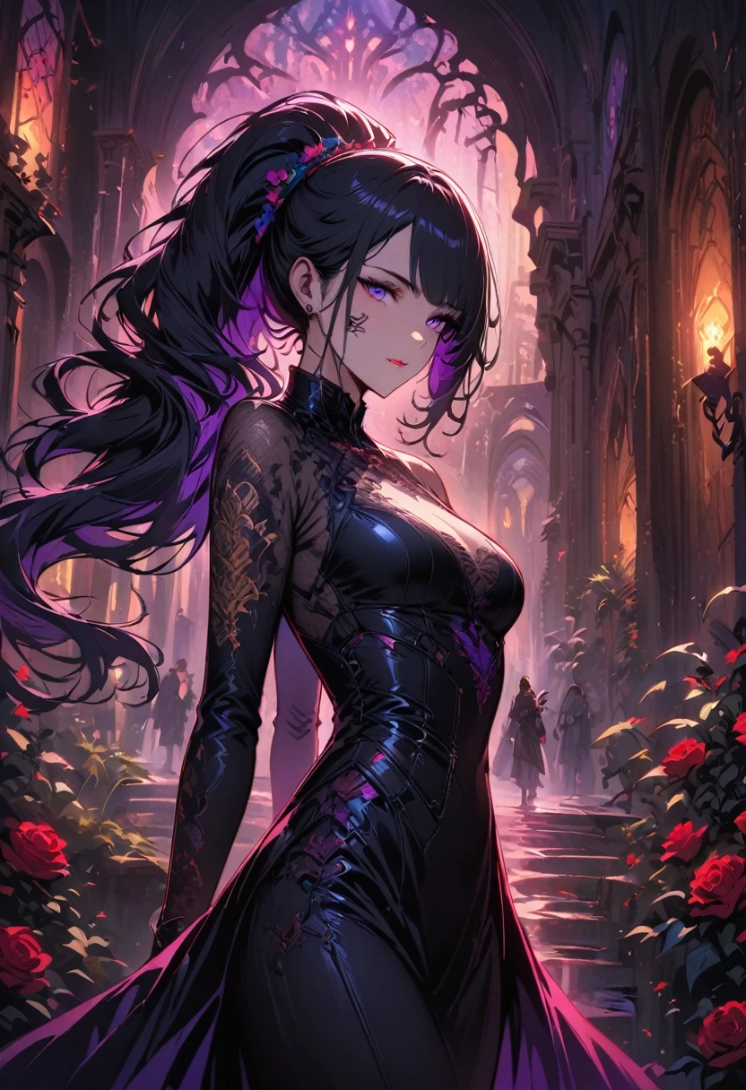 a detailed portrait of a female assassin in a dark fantasy setting, with long flowing hair in shades of black and purple, Tattood on the face, piercing blue eyes that emanate a sense of danger [detailed eyes, piercing blue:1.1], wearing a sleek black leather outfit [black leather outfit], adorned with intricate tattoos all over her body [intricate tattoos:1.1], including dragon scales on her arms [dragon scale tattoos] and an elaborate skull design on her back [skull tattoo:1.1]. She stands in a dimly lit underground chamber [dimly lit underground chamber], holding two curved daggers [curved daggers], The scene is illuminated with flickering torches [flickering torches], casting shadows and enhancing the suspenseful atmosphere. The color palette is predominantly dark and moody, with hints of red and purple accents [dark and moody color palette, red and purple accents], creating a sense of mystery and danger. The lighting emphasizes the sharp edges and intricate details of the assassin's attire and tattoos, adding depth and texture to the overall composition [emphasis on sharp edges, intricate details]. The image is of the highest quality, with extreme attention to detail [best quality, extreme attention to detail:1.2], showcasing the artist's technical expertise and mastery of light and shadow. The art style is realistic yet with a touch of fantasy, capturing the essence of the dark and intriguing world of Dungeons & Dragons [realistic art style with a touch of fantasy].