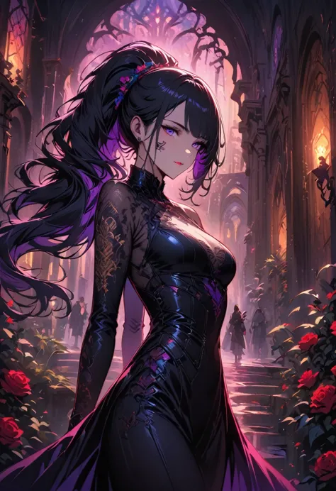 a detailed portrait of a female assassin in a dark fantasy setting, with long flowing hair in shades of black and purple, tattoo...