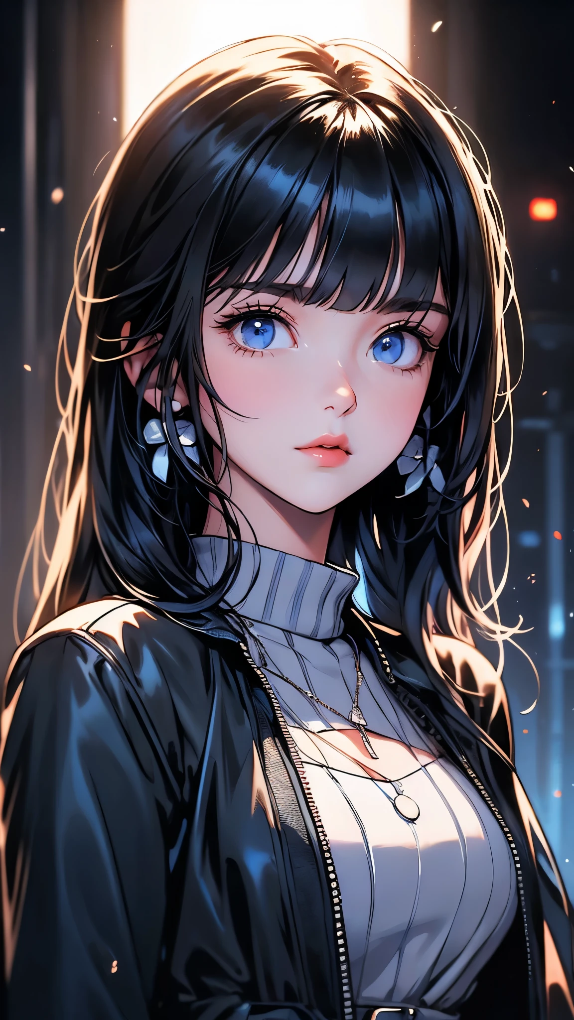 ((Masterpiece)), envision a 8k, highres, cinematic, beautiful close up portrait of a cute girl with a slender body, long black hair, side locks, long bangs, blue eyes, bomber jacket, tank top, ((((1girl)))), in dark lighting, against a dark gray background