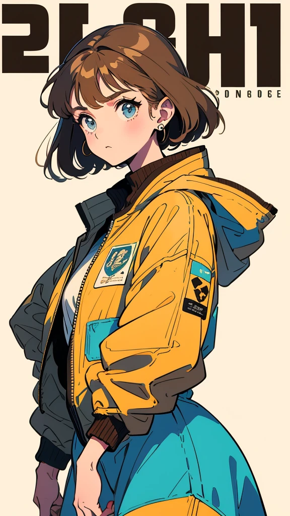 beautiful girl, short light brown hair, dynamic pose, jaqueta larga estilo oversized streetwear, fleece jacket, roupas estilo oversized streetwear, 79s anime style, Futuristic Japanese Poster from the 70s, futuristic 70s Japanese magazine cover