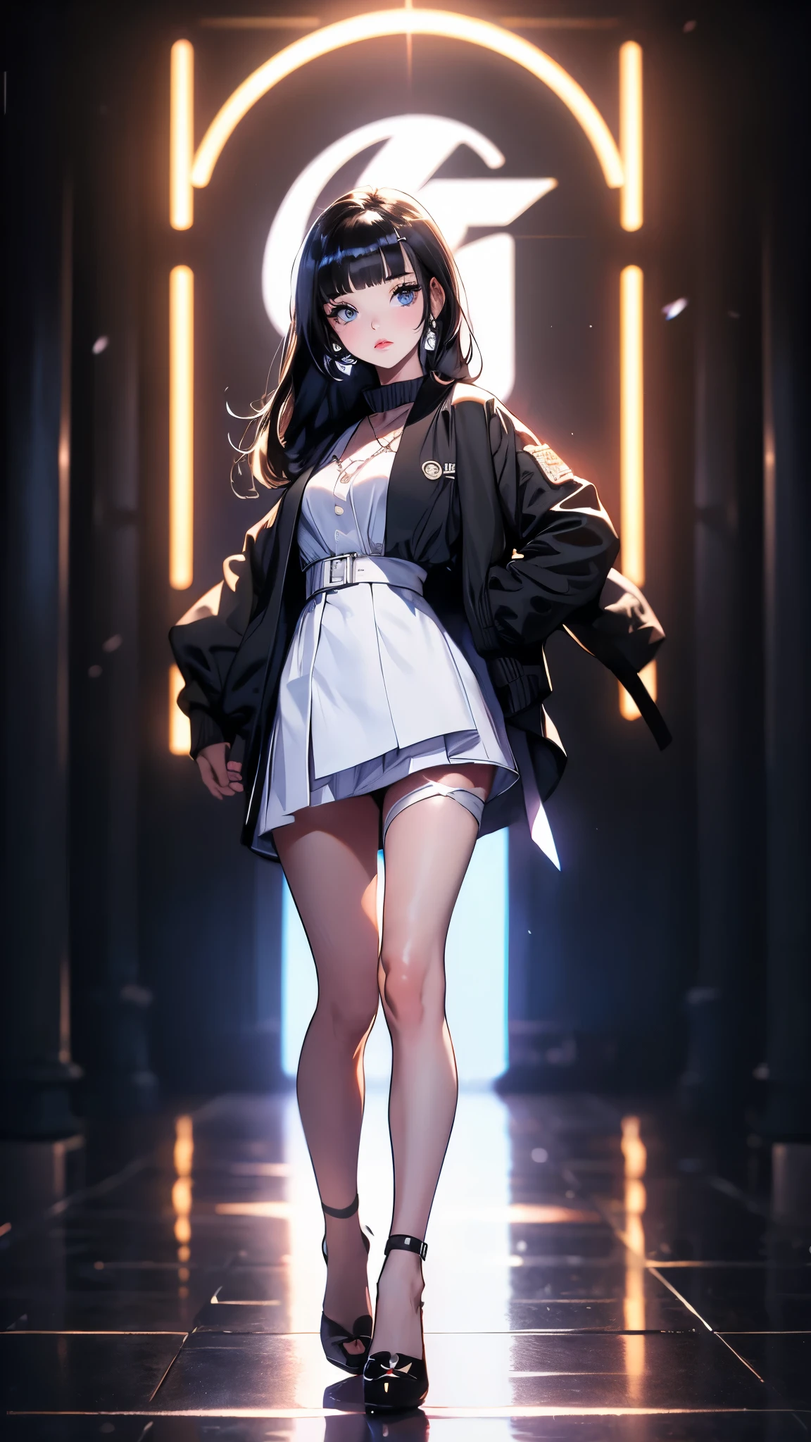 ((Masterpiece)), envision a 8k, highres, cinematic, beautiful full body pinup of a cute girl with a slender body, long black hair, side locks, long bangs, blue eyes, bomber jacket, tank top, short skirt, heels, long legs, ((((1girl)))), in dark lighting, against a dark gray background