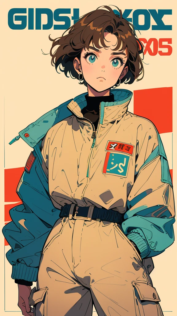 beautiful girl, short light brown hair, dynamic pose, jaqueta larga estilo oversized streetwear, fleece jacket, roupas estilo oversized streetwear, 79s anime style, Futuristic Japanese Poster from the 70s, futuristic 70s Japanese magazine cover