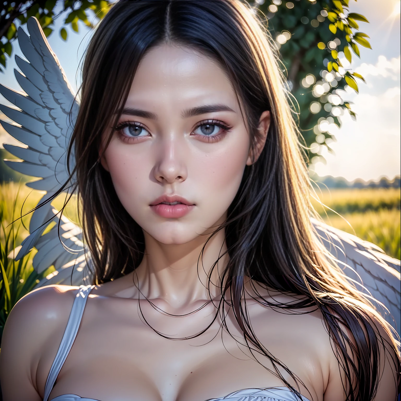 A beautiful detailed angel woman, long flowing hair, delicate facial features, serene expression, white flowing dress, angelic wings, glowing ethereal aura, sunlit meadow background, golden light, dramatic cloud formations, (best quality,8k,highly detailed,photorealistic:1.37),cinematic lighting,intricate details,elegant,serene,ethereal,mystical