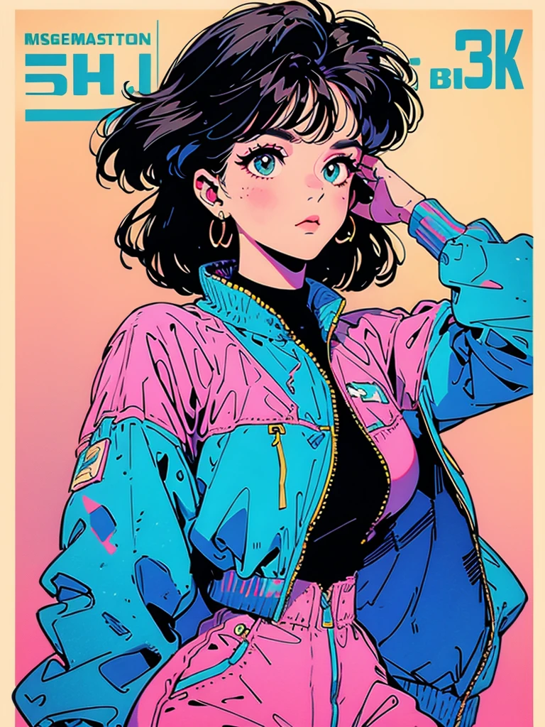 a dynamic streetwear-inspired pose of a beautiful girl with short light brown hair, wearing a colorful oversized jacket, dynamic streetwear outfit, large hips and bust, Japanese futuristic 70s style poster, vibrant and saturated colors, (best quality,4k,8k,highres,masterpiece:1.2),ultra-detailed,(realistic,photorealistic,photo-realistic:1.37),highly detailed face and eyes, extremely detailed facial features, beautiful detailed eyes, beautiful detailed lips, extremely detailed eyes and face, long eyelashes, dynamic pose, intricate details, vibrant colors, futuristic 70s aesthetic, cinematic lighting, dramatic shadows, sharp focus