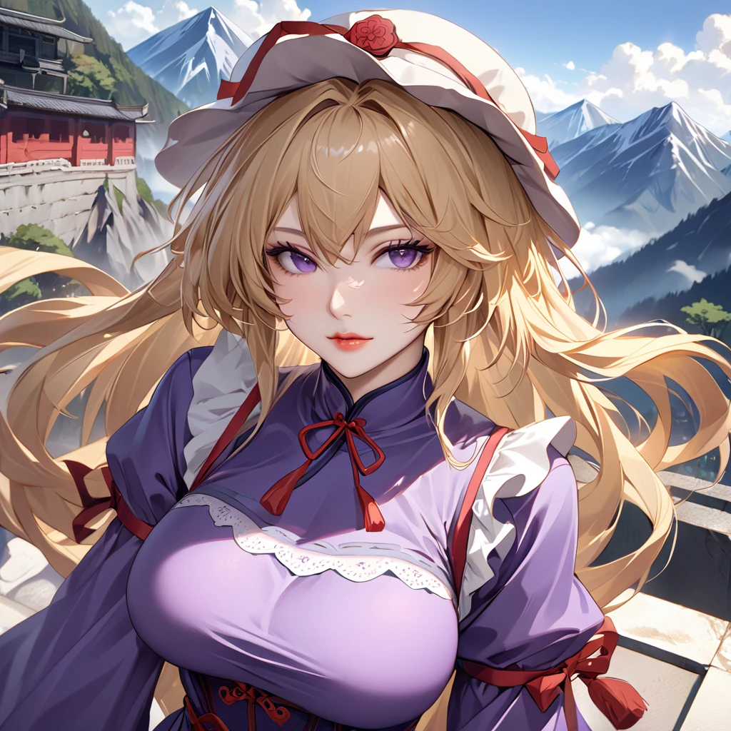 A woman wearing a purple dress with ruffles, a long dress with ancient Chinese aesthetics, violet gloves, tarb, hat, ribbons on the hat, large breasts, mature body, purple eyes, blonde hair, standing posture, perfect face, perfect lips, eyes Perfect, on a concrete plate with a wide view of giant mountains and clouds, daytime location, with ancient Chinese aesthetics. ( Touhou_project, Yukari_Yakumo.),masterpiece, accurate, anatomically correct, textured skin, super detail, high quality, best quality, 8k, high resolution, bokeh effect.(solo woman), close view.
