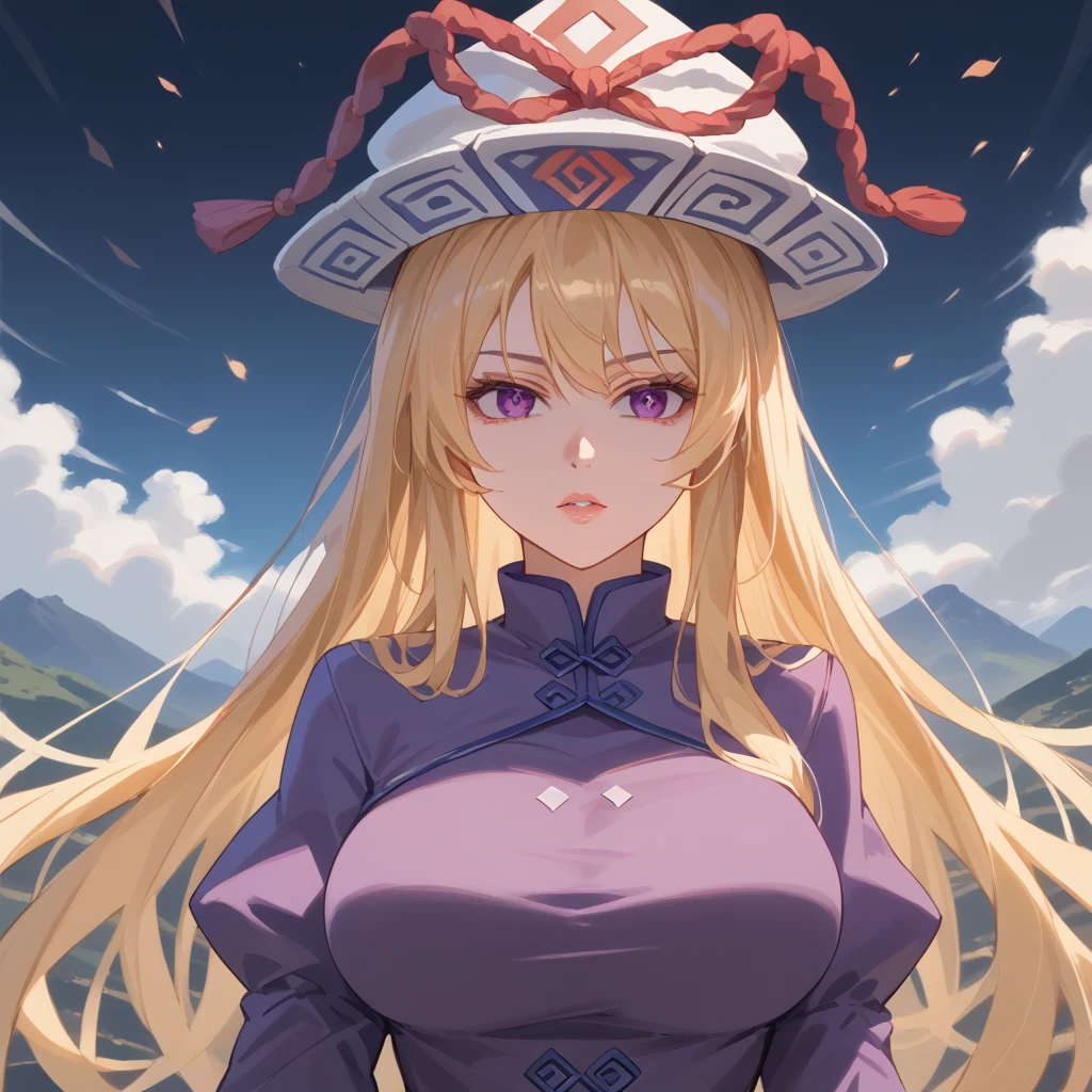 A woman wearing a purple dress with ruffles, a long dress with ancient Chinese aesthetics, violet gloves, tarb, hat, ribbons on the hat, large breasts, mature body, purple eyes, blonde hair, standing posture, perfect face, perfect lips, eyes Perfect, on a concrete plate with a wide view of giant mountains and clouds, daytime location, with ancient Chinese aesthetics. ( Touhou_project, Yukari_Yakumo.),masterpiece, accurate, anatomically correct, textured skin, super detail, high quality, best quality, 8k, high resolution, bokeh effect.(solo woman), close view.
