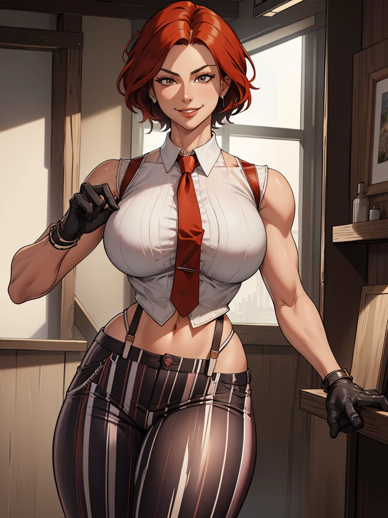 masterpiece, best quality, ultra-detailed, 1girl, VanessaMS, milf, thick, mature face, tall, red tie, white sleeveless button-down shirt, modern shirt, black gloves, striped pants, navel, smile, stadium, cowboy shot, volumetric lighting, intricate details, tonemapping, sharp focus, hyper detailed