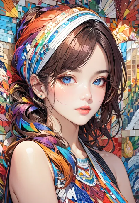 stunning female portrait made of colorful mosaic murals in high resolution, winner of numerous awards, masterpiece, high detail,...