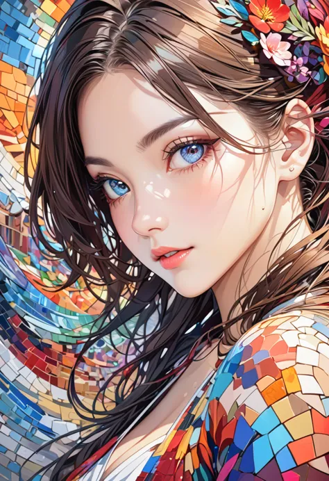 stunning female portrait made of colorful mosaic murals in high resolution, winner of numerous awards, masterpiece, high detail,...