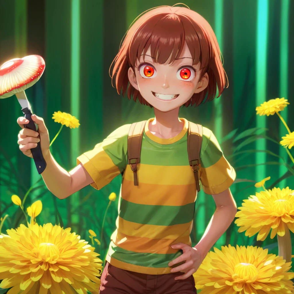 Red eyes, girl, holding a knife, yellow-green striped shirt with thicker stripes, red eyes glowing red, head tilted, short brown hair mushroom head, with a clear smile on his face, Chara, two-dimensional, standing among golden flowers with a ray of light above his head