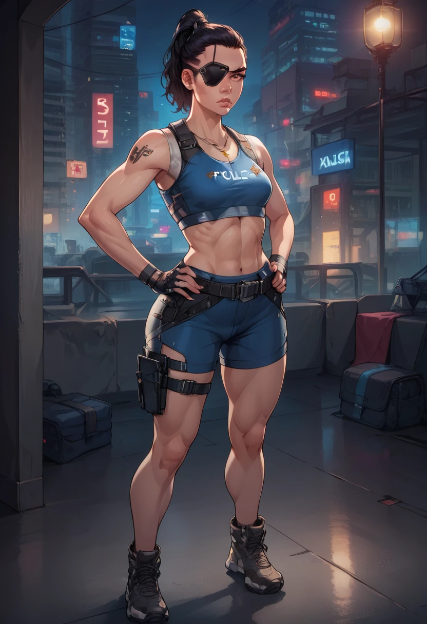 score_9,score_8_up,score_7_up, Regina,brown eyes, beautiful face, pinkish lips, black eyepatch on right eye,black hair,ponytail,undercut, small breasts, fit toned body, wide curvy hips, big ass, sports bra, cross necklace, fingerless gloves, gym shorts, holsters, waist belt, belt with pouches, night,police office,science fiction,standing, serious expression, hands on hips, looking at viewer, from front, solo, full body