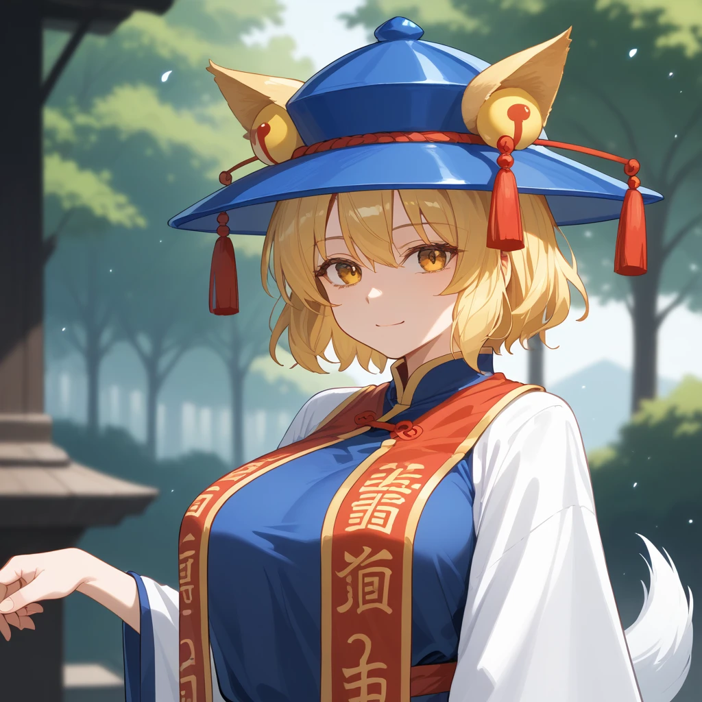 A woman wearing a light purple dress with classical Chinese aesthetics, tabard, blonde hair, short hair, yellow eyes, kitsune ears, kitsune tail, multi-tail, kawaii face, hat with ears, big breasts, mature body, outside a Chinese house ancient, trees around, ancient Chinese aesthetics, standing upright.. ( Touhou_project, Yukari_Yakumo.),masterpiece, accurate, anatomically correct, textured skin, super detail, high quality, best quality, 8k, high resolution, bokeh effect.(solo woman), close view.( Touhou_project, yakumo_ran),masterpiece, accurate, anatomically correct, textured skin, super detail, high quality, best quality, 8k, high resolution, bokeh effect.(solo woman), close view.
