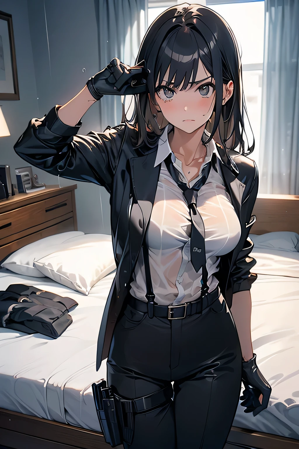 1 female, , high quality, masterpiece, Ultra-high resolution, , Cinema Lighting, , , And the suspenders with the cranes flying　　　Large Breasts　 　 　　　　Small face　 　　　holster　　　　　　　 Lying in bed　Looking up　　　　Sweat 　　　belt　summer　脇Sweat 　Black Hole Gloves　suit　shirt　　Black jacket　 Black trousers　Leg Links　ズボンにbelt　　holster　 　　Hands behind your back　 Anxious expression　Looking up　Anxious face, legs apart　Armament　Handgun　handcuffs　Cable ties　レッグholster　holster　See-through clothing　heavy rain　Getting wet in the rain
