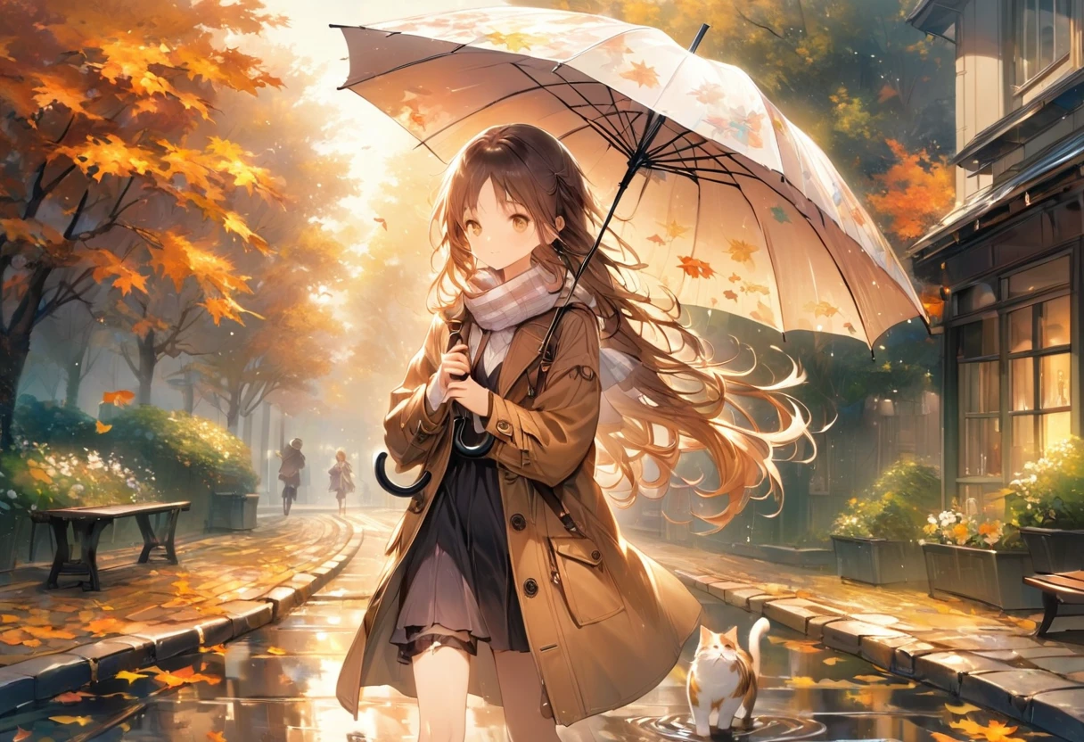 ((Best Quality))、((excellent))、(detailed)、8k、scene: A woman walking with a cat in the rain with an umbrella

「Calm autumn evening、A beautiful woman with long flowing hair、Wearing a comfortable brown coat、Wearing a checked scarf、Walking down a quiet street lined with colorful autumn leaves。Holding a transparent umbrella in one hand、A fluffy little cat with orange and white fur is walking beside her。The rain falls softly around them、It creates a small puddle on the cobblestone path.。柔らかく暖かい街灯がsceneを照らし、Adds a golden glow to wet environments。」、Conceptual Art、jpeg artifacts、First Person View、Cat close-up、Ultra-high resolution、Anatomically correct、Attention to detail、超detailed