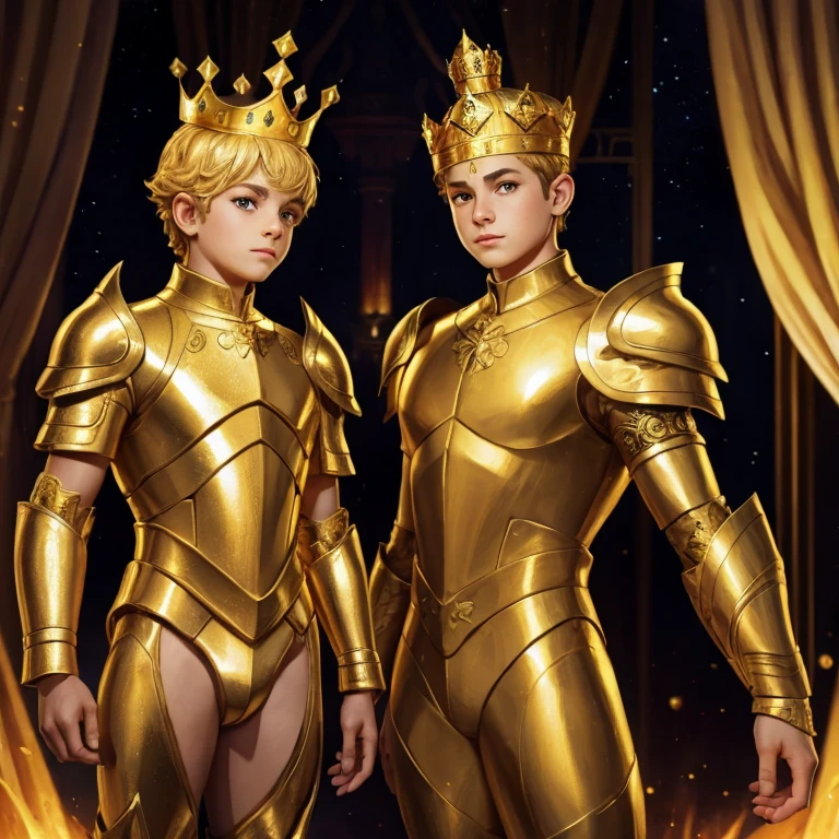 Cygnus boy prince with crown and tia on his head , in golden armor on a naked body .