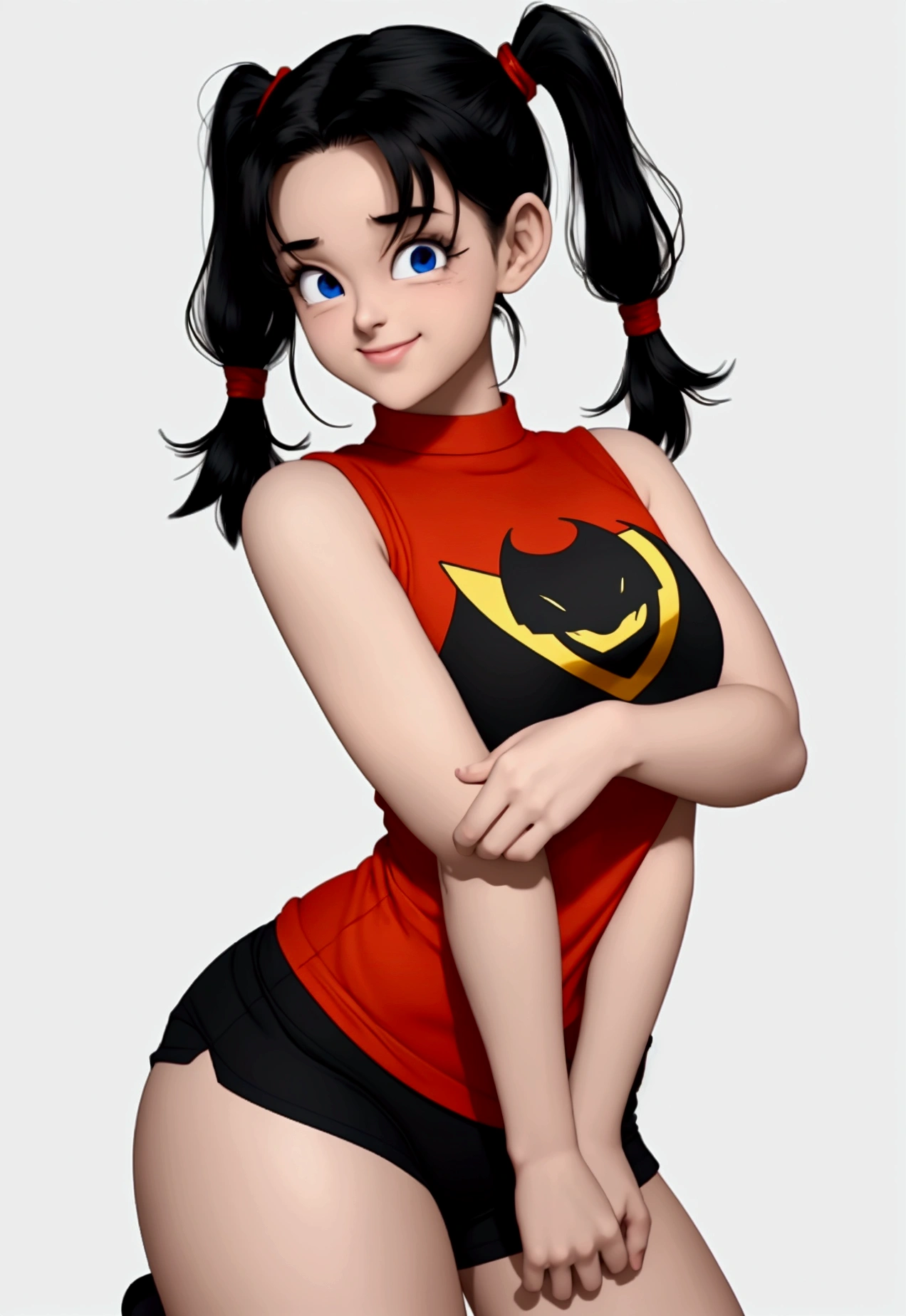 Videl from Dragon Ball is a strong and brave young woman, Of athletic build. He has black hair, she wears it in two pigtails. Dress in a sporty style, with a white short-sleeved T-shirt, black sleeveless t-shirt over, shorts or sweatpants. she goes barefoot. His expression is shy, showing sadness but with a smile. She has large, dark eyes that reflect her confidence and determination..