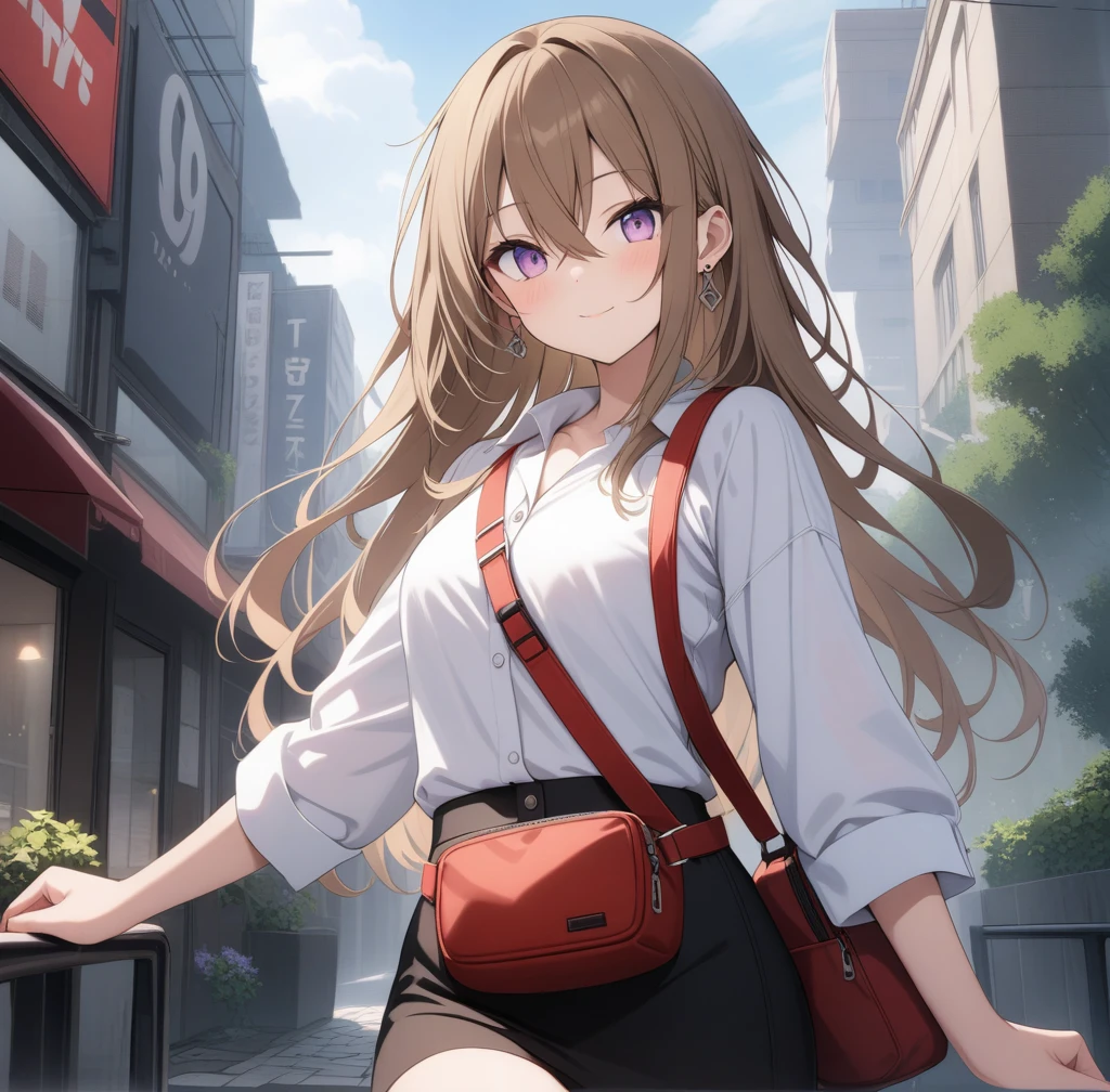 (masterpiece, best quality, very aesthetic, ultra detailed), score_9, score_8_up, score_7_up, source_anime,,
1girl, closed mouth, light smile,
Brown hair, long hair, hair between eyes , lilac
 eyes, earrings,
 white shirt, black skirt,  fanny pack, red bag,
standing, looking at viewer,
outdoors, 