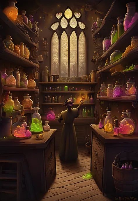 inside of an alchemist shop walls filled with shelving filled to the brim with potions, ingredients, and alchemy tools.
behind d...