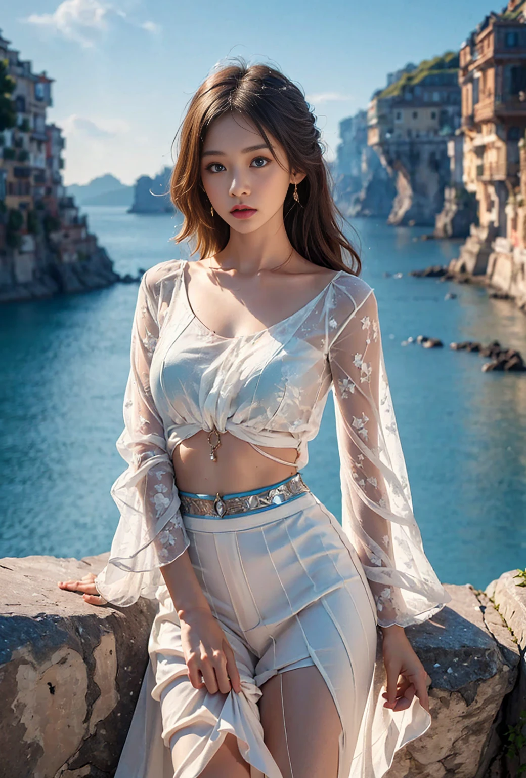 black, white, blue, red, (best quality, extremely detailed, high resolution, extremely detailed CG), wide shot, standing at the edge of a cliff, she has very beautiful blue eyes, she loves blood and the sea, wearing a thin puffy half-sleeve blouse and a loose pleated skirt, mysterious, surreal, hazy