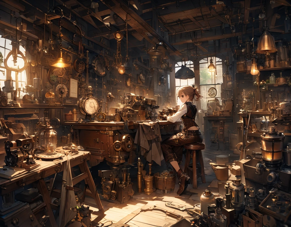 ((Best Quality))、((excellent))、(detailed)、8k、((Best Quality))、((excellent))、(detailed)、8k、Teampunk Prompto with the inventor and his mechanical cat in his workshop: 「goggles、gear、Leather gloves etc.、A young woman in a detailed steampunk outfit、In a cluttered workshop filled with various steampunk-inspired inventions。Next to her、Made of brass and clockwork parts、A mechanical cat with glowing blue eyes sits attentively on a workbench。The woman is focused on using precision tools to create new gadgets.、Her hair is tied back in a messy pile。The workshop is、Illuminated by the soft, warm light of an old-fashioned lamp and the glow of a cat&#39;s mechanical heart.。」、Conceptual Art、jpeg artifacts、First Person View、Cat close-up、Ultra-high resolution、Anatomically correct、Attention to detail、非常にdetailed、Conceptual Art、jpeg artifacts、First Person View、Close-up of a cat、Ultra-high resolution、Anatomically correct、Attention to detail、非常にdetailed