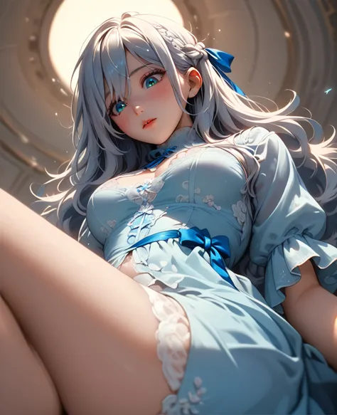 girl amano sayo wearing,relaxing her big ass, long hair tied with a blue ribbon, light blue dress, delicate lace edge, no visibl...