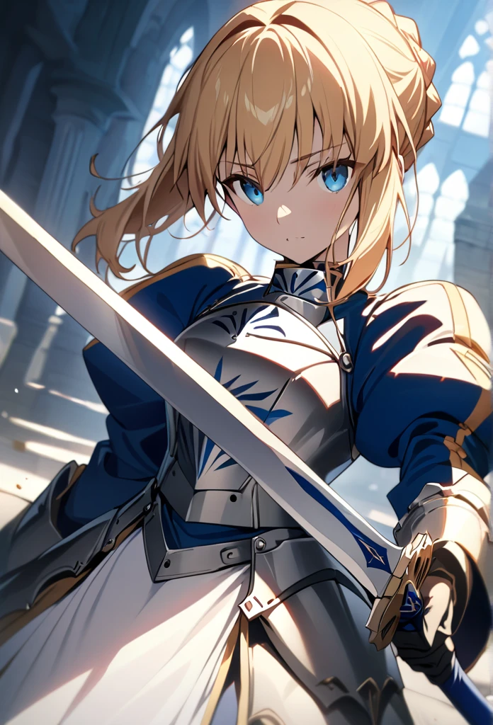 (masterpiece:1.2), (highest quality:1.2), Perfect Eyes, Perfect Face, Perfect lighting,1girl，Saber, holding sword artoria pendragon \(fate\), fate \(series\) perspective medieval beautiful, aesthetic, detailed, beautiful color amazing quality, best quality, high quality