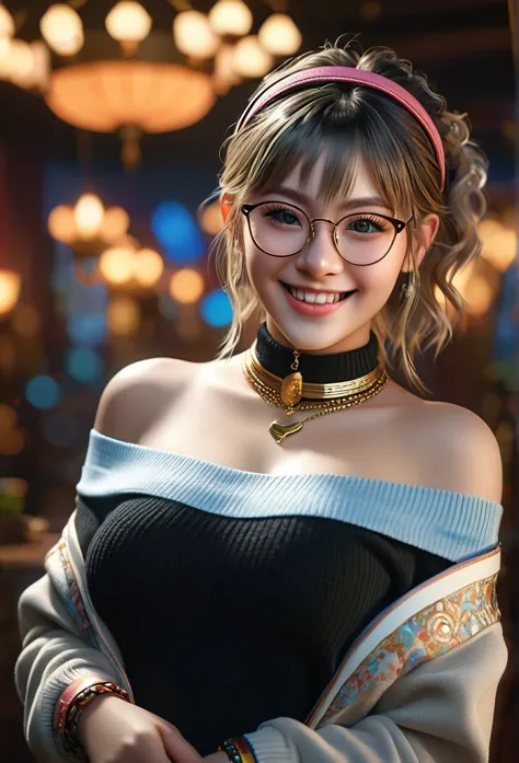 masterpiece, best quality, highly detailed, 1girl, solo, twintails, off-shoulder sweater, choker, large glasses, gold locket, ja...