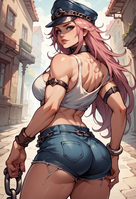 score_9, score_8_up, score_7_up, break, score_9, 1girl, pink hair, long hair, peaked cap, collar, tank top, midriff, silver brac...