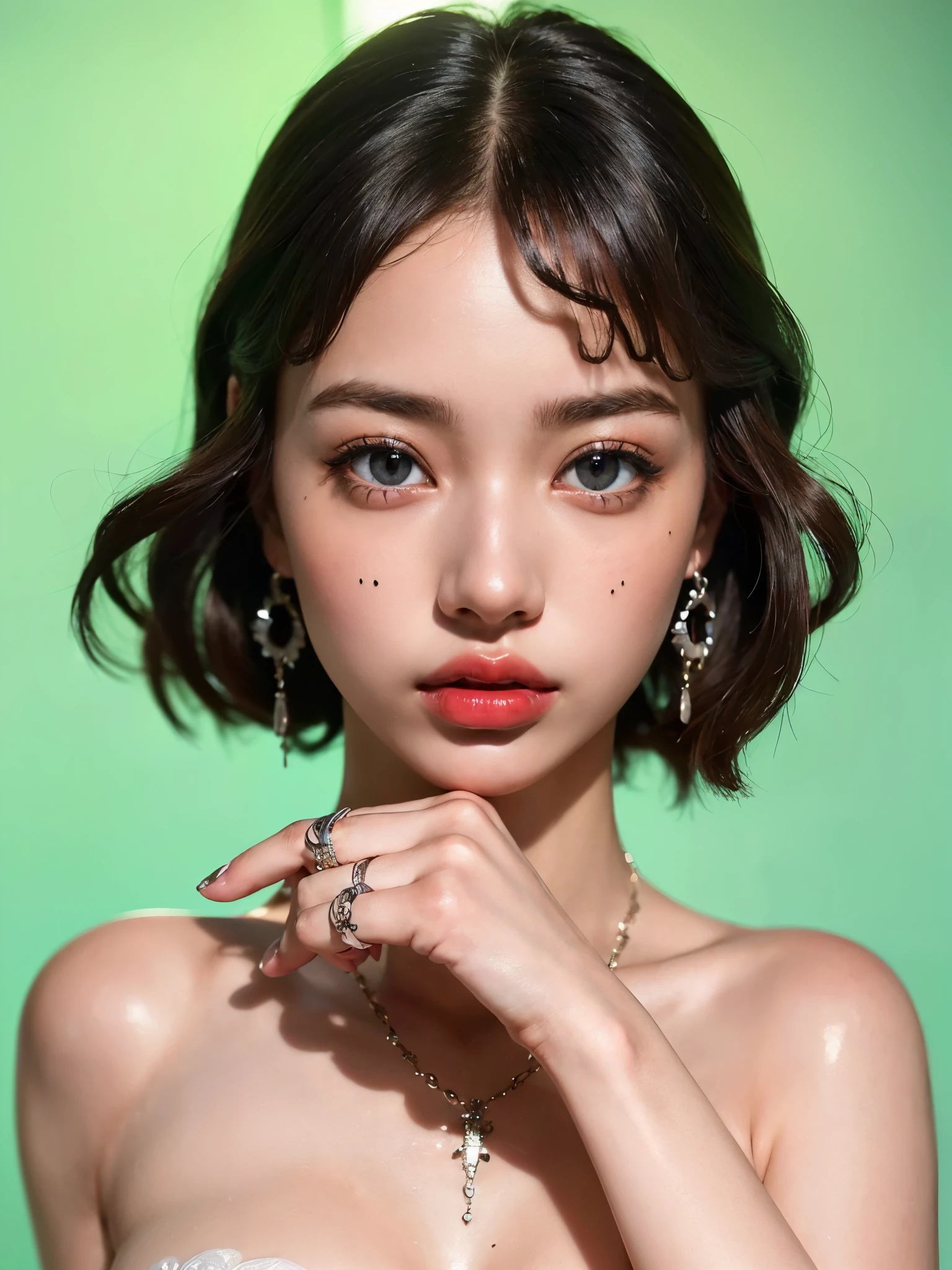 (UHigh resolution, retina, masterpiece, Accurate, Anatomically correct, Textured skin, Super Detail, Attention to detail, high quality, 最high quality, High resolution, 1080P, High resolution, 4K, 8k, 16k), (美しいAttention to detail目, Beautiful lip detail, Highly detailed eyes and face), Soft lighting, Physically Based Rendering, Vibrant colors,(((最high quality、masterpiece, 高精細CG8kイラスト, Highly detailed lights and shadows, Highly detailed face and eyes,masterpiece, 最high quality, Alone, One girl, Glowing Skin, Earrings, Splendid, Whimsical details, wall,Bright red lips, Fascinating,Shallow depth of field,Futuristic Fashion,Fantastic Fashion,Unknown Fashion, Generate a futuristic woman wearing floating hologram jewelry, such as rings and necklaces. The jewelry appears to hover around her body, glowing with shifting colors, and reflecting light from her futuristic surroundings, Contrasting, Professional Model, frontを向く、front, Portraiture , Left detailed pupil,Right symmetrical pupil,Wavy Hair))), (Glowing Skin), (Wide-angle),(Alone),  (Urzan-6500:0.33)、Outdoor、(((Full Body Shot,Glossy thighs)))