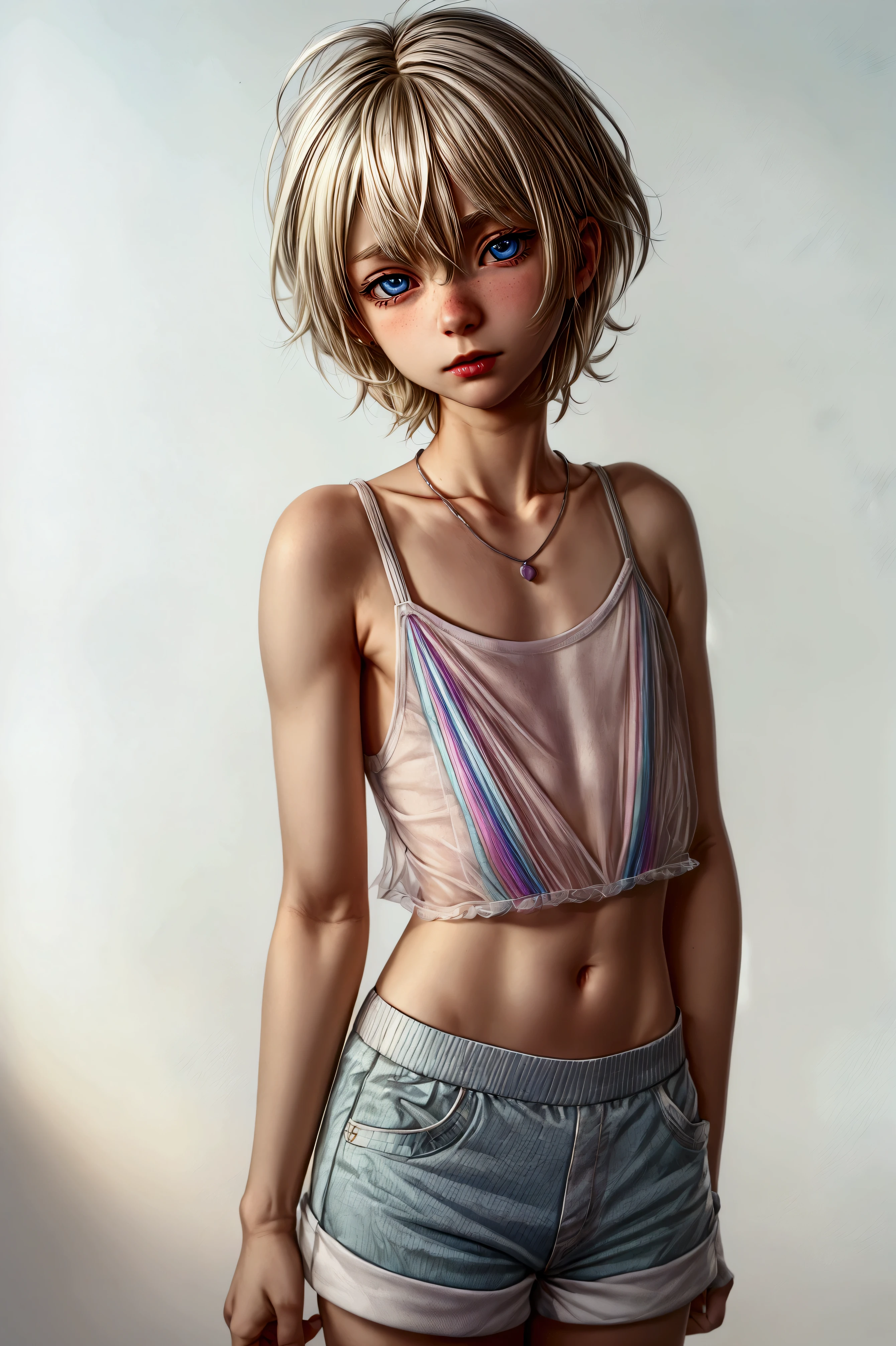 Anime style, Highres, Masterpiece, Best quality at best, Best Quality, hight quality, hight detailed, 1boy, (little boy), boy, blonde boy, blond Hair, perfect boy body, cute boy, detailed light blue eyes, detailed eyes, short hair, messy hair, pastel rainbow inner hair color mesh, Neutral Facial Features, boy flirty posing, wears a too short unicorn color transparent cami tank top, without breasts, silver necklace with a pastel pink heart, boy chest, pastel rainbow mini skirt, beautiful long legs, boy body, Standing, sunny afternoon on the street, highest quality,