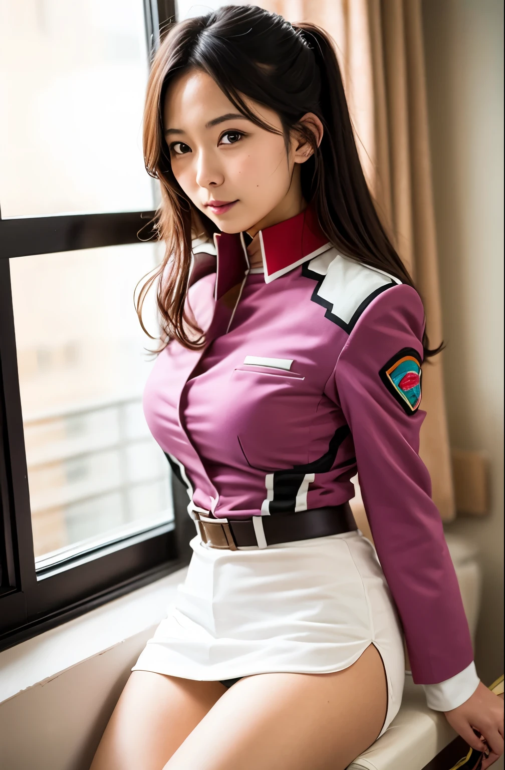 real photos、Highest im年 quality、realistic、Beautiful woman、beautiful thighs、beautiful face、real im years、federal army uniform miniskirt、ponytail、Yuriko Yoshitaka、 Japanese female、Zuo々Ki Nozomi:1.4、pretty girl、white pantiesが見える、1６age、（white panties:1.3）、super mini skirt、beautiful thighs、white panties、ピンクのミニスカートがめくれてwhite pantiesが見えてる