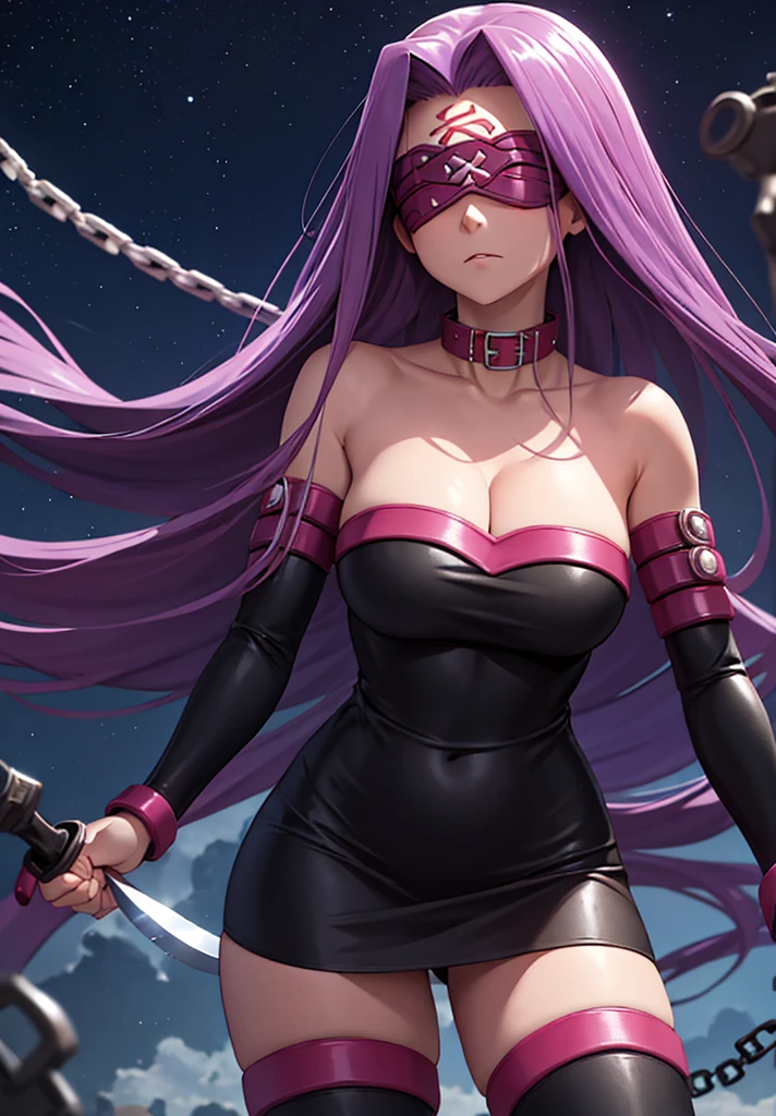 score_9, score_8_up, score_7_up, source_anime, medusarider, medusa rider, long hair, very long hair, purple hair, facial mark, forehead mark, thighhighs, dress, cleavage, bare shoulders, detached sleeves, black dress, collar, strapless, strapless dress, blindfold, outdoors, night, night sky, moon, clouds, looking at viewer, cowboy shot, dutch angle, fighting stance, weapon, chain, knife,