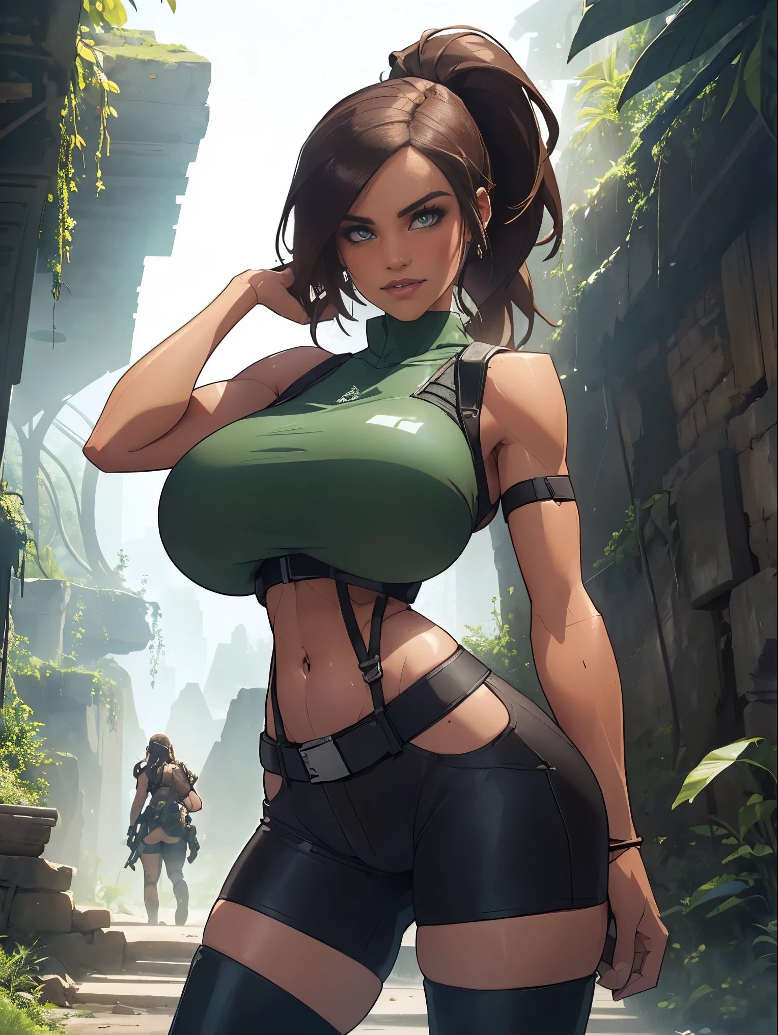 (masterpiece, top quality, best quality, official art, beautiful and aesthetic:1.2), (1girl:1.3), brown hair, ponytail, extremely detailed, portrait, looking at viewer, solo, (full body:0.6), detailed background, close up, mischievous eyes, (cool Incan ruins theme:1.1), pleasant smile, brunette, aquiline nose, green eyes, ponytail, ((gigantic tits)), (thin), athletic, Lara Croft. Wearing a sleek light blue sleeveless top, brown shorts, boots, shoulder harness, backpack, holsters, utility belt, slim waist, slim hips, long legs, ancient (jungle ruins exterior:1.1) detailed background, bright optimistic lighting, shadows, magical atmosphere, dutch angle, (((underboob)))