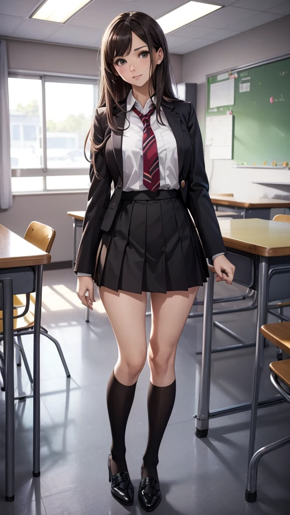 Pretty girl standing, thin legs, high heels on the ground, classroom, (masterpiece:1.3), (8k, photorealistic, RAW photo, best quality: 1.4), (1girl), beautiful face, (realistic face), black hair, long hair, beautiful hairstyle, realistic eyes, pretty detailed eyes, realistic skin, beautiful skin, super high resolution, super realistic, very detailed, golden ratio, cute, cute female teacher, high school girl in jk uniform, surreal high school girl, short skirt, tight skirt, pantyhose, black stockings, full body view, thin arms, big breasts