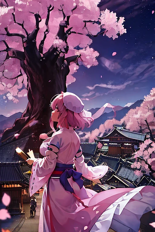 Saigyouji Yu々A child is enjoying cherry blossom viewing under the cherry tree while eating sumptuous food.　Cherry Blossoms at Night　Moonlit Night　Drinking alcohol　Cherry blossom viewing　My breasts are small　Clothes are default