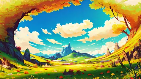 realistic, beautiful and stunning landscape ; petal grassland with blue sky and white clouds, 2,5d, fantasy world, rise of kingd...