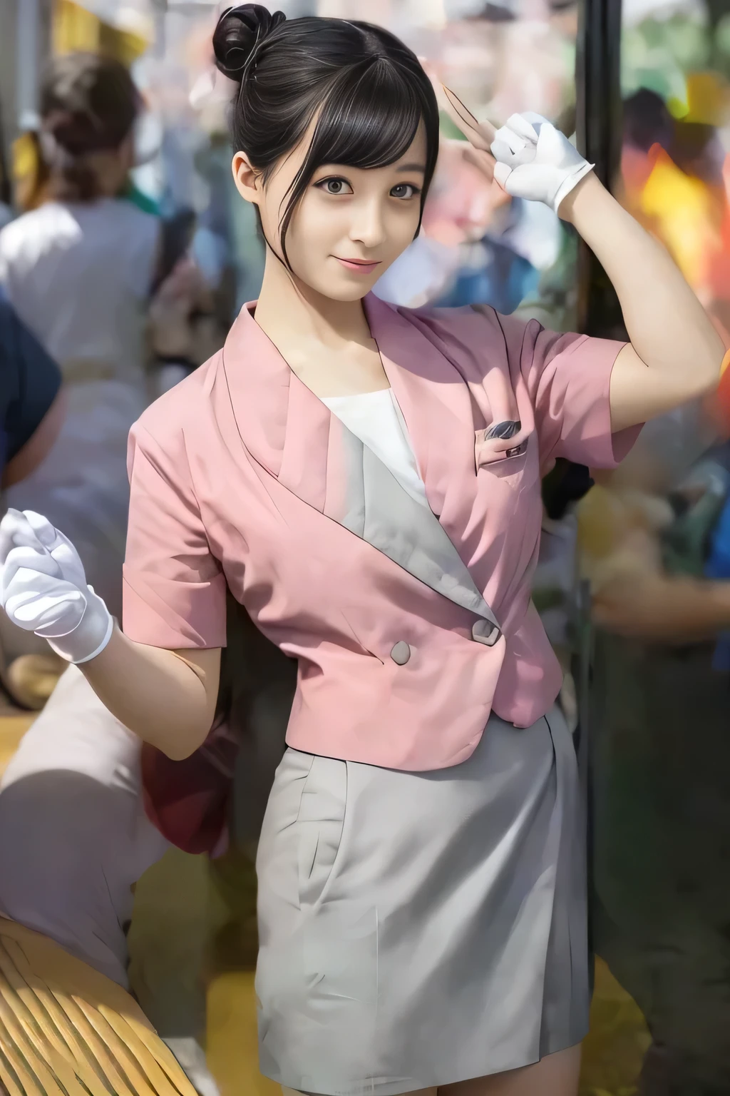 (masterpiece:1.2, Best Quality:1.2), 32K HDR, High resolution, (Alone、1 girl)、（On the roof of a building during the day、Professional Lighting）、Building rooftop background、（Nankai train crew uniform pinkを着たリアルスタイル）、（Nankai Railway crew uniform, pink, short sleeve, collarless, pink jacket、Nankai Railway crew uniform pink no-collar short-sleeve blouse、Nankai Railway crew uniform pink grey knee-length culottes）、（（The bottom of the pink short-sleeved jacket cannot be tucked into the clay-colored culottes..））、Dark brown hair、（Hair tied up、Hair Bun、Hair Bun）、Dark brown hair、Long Shot、Big Breasts、Thin legs、（（Great hands：2.0）），（（Harmonious body proportions：1.5）），（（Normal limbs：2.0）），（（Normal finger：2.0）），（（Delicate eyes：2.0）），（（Normal eyes：2.0））)、smile、（Nankai Railway crew uniform pink grey knee-length culottesを見せた美しい立ち姿） 