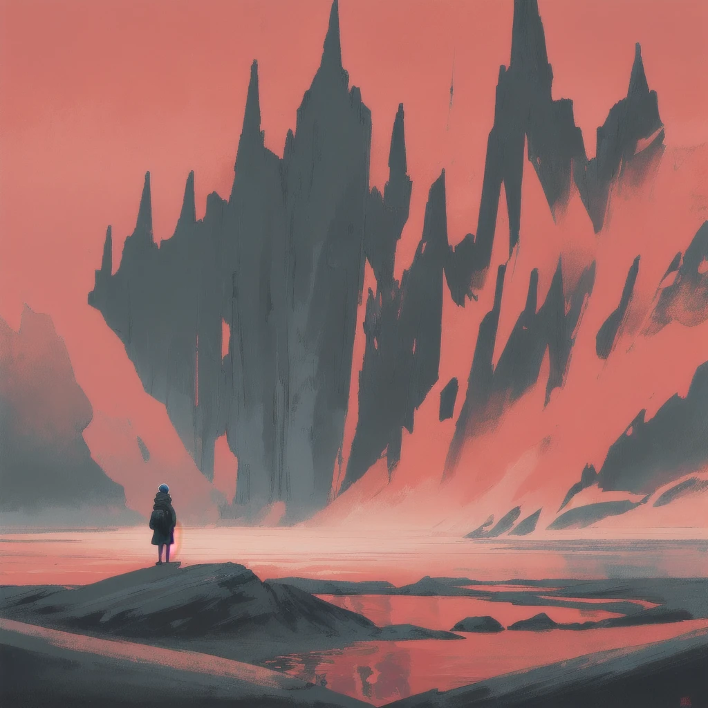 Drawing a mysterious place, Empty red sky, Red lake, a person standing on the water，Lots of white space, detailed 
