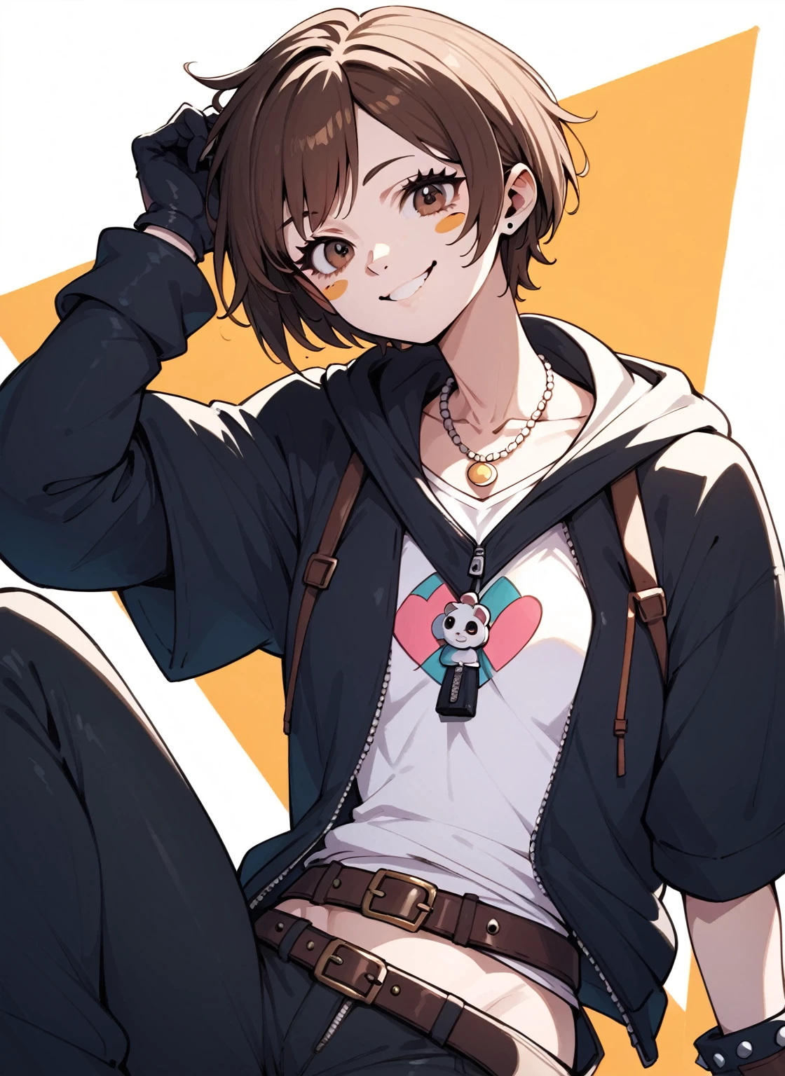 a drawing of an anime girl,  1girl, solo, pants, blush stickers, smile, brown eyes, brown hair, necklace, looking at viewer, belt, gloves, white shirt, short sleeve hoodie, Hoodie Open Zipper, short hair, punk girl ,skinny,