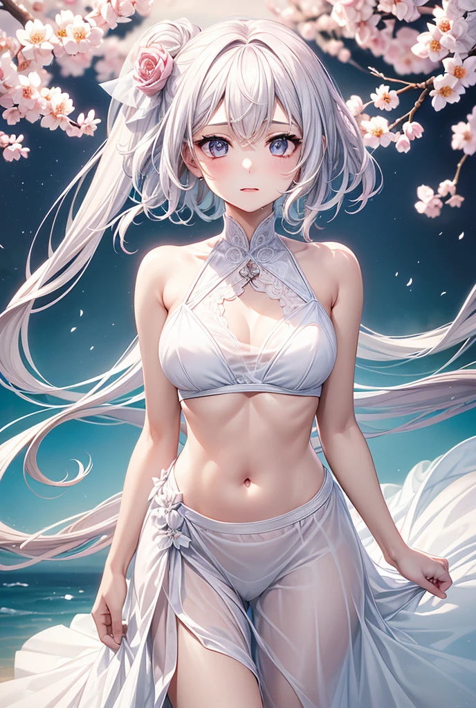 best quality:1.5), (ultra-detailed:1.5), (()), ((best quality)), (high resolution), (illustration), (an extremely delicate and beautiful), (ultra detailed beautiful face and eyes), 1girl, leaning forward sharp focus, ray tracing, 1girl, silky hair, multicolored hair, White hair(inner color Cherry blossom )、background(sakura tree, day light), eye color(White pink, high definition, inner eye sakura),volumetric lightning, Feet, chest emphasis, Toes, Full body painting、Abdominal muscles、Exposed belly、Hip emphasis、Groin、shin、Lift your butt、Abdominal muscles強調、looking_all(score_9:1.2), (score_8_up:1.2), (score_7_up:1.2),Alone,Perfect anatomy,(one cute girl:1.3),(line art:1.3),(Soft atmosphere:1.3),perfect anatomy,(A soft anime-style image capturing a delicate and ephemeral atmosphere),Enhance the anime screencap by adding a watercolor background, further elevating the dreamy and ethereal aesthetic. This scene, now rendered in 16k wallpaper resolution, merges the delicate beauty of the girl with pale skin and white hair with a soft, lush watercolor landscape. The big, intricately designed dress and her captivating eyes are set against a backdrop that mimics the fluid, blending colors of a watercolor painting, adding a layer of artistic depth and emotion. The perspective from above at a dutch angle, combined with the watercolor effect, creates a composition that feels like a floating, dream-like world, glowing aura around her are now part of a canvas that blends reality with imagination, inviting the viewer to step into a tranquil world of soft hues and poetic beauty, all encapsulated within a serene, watercolor dream,break,(best quality:1.3),(best masterpiece:1.3),(very aesthetic:1.2),(absurdres:1.2),newest,(intricate details:1.2),ai-generated,absurdres extremely detailed CG,depth of field,dynamic angle,dynamic pose