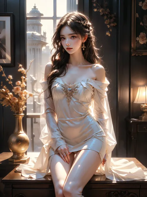 yatsen dark style realistic beauty,full body shot of young woman, slim figure, full breasts, sitting elegantly,cross your legs n...