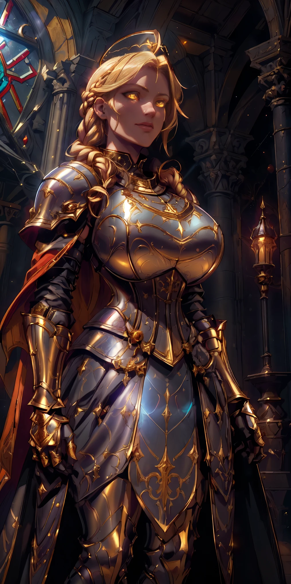 upper body of paladin lady in ornate golden armor, black collar, pauldrons, breastplate, corset, glowing halo, single braid, blonde, yellow glowing eyes, bright pupils, eye focus, red cape, temple indoors, stained glass windows, night, moonlight, particles, light beam, chromatic aberration