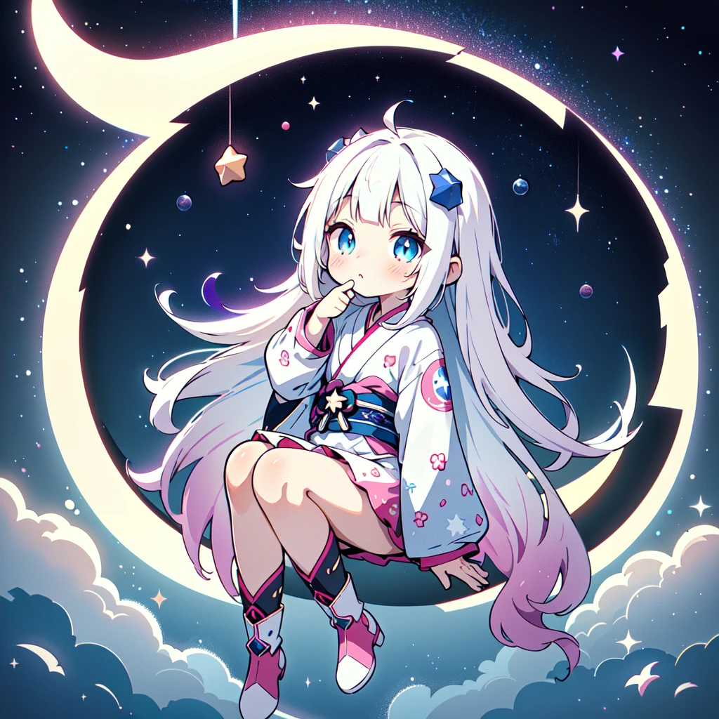 Ultra high definition、Highest detail、Sitting on a crescent moon、A spaceship with a cute rabbit face、Star Fairy、(((1 person)))、Perfect Anatomy、Lower Body Shot、Focus on the boots、vtuber-half、Star Fairy、「Beautifully printed galactic kimonos and goth outfits。、Space print ruffled box pleat mini skirt、Frontal portrait、Knee-high boots、Captivating eyes、Perfect and stunning face、Exquisite details、Clear images、Best Quality。」Milky white and blue gradient straight long hair、Super detailed、Magenta、Neon Background、