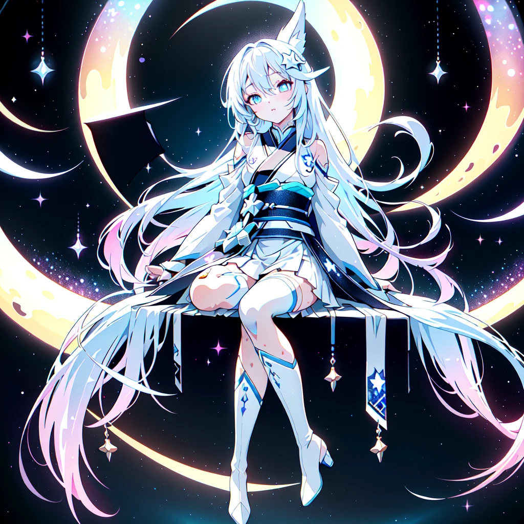 Ultra high definition、Highest detail、Sitting on a crescent moon、A spaceship with a cute rabbit face、Star Fairy、(((1 person)))、Perfect Anatomy、Lower Body Shot、Focus on the boots、vtuber-half、Star Fairy、「Beautifully printed galactic kimonos and goth outfits。、Space print ruffled box pleat mini skirt、Frontal portrait、Knee-high boots、Captivating eyes、Perfect and stunning face、Exquisite details、Clear images、Best Quality。」Milky white and blue gradient straight long hair、Super detailed、Magenta、Neon Background、