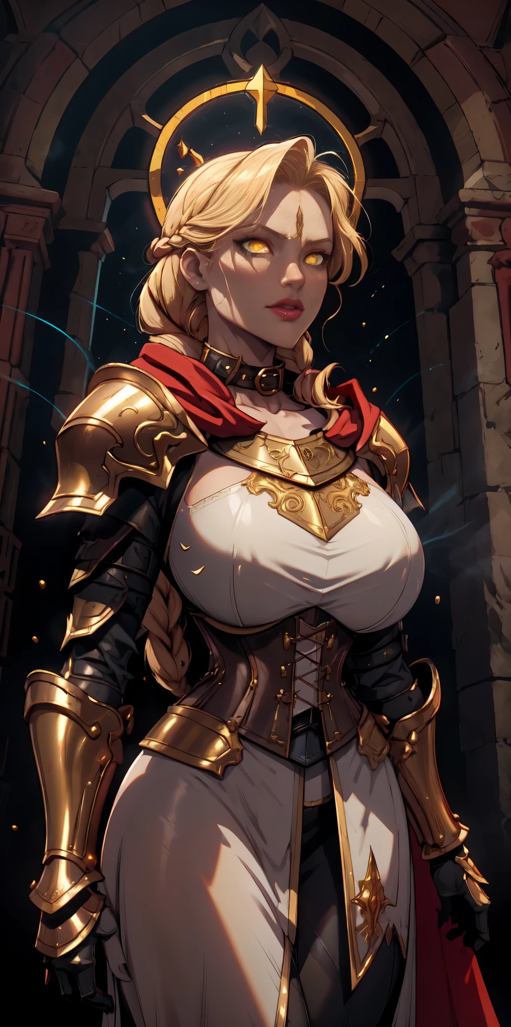 upper body of paladin lady in ornate golden armor, black collar, pauldrons, breastplate, corset, glowing halo, single braid, blonde, yellow glowing eyes, bright pupils, eye focus, red cape, temple indoors, stained glass windows, night, moonlight, particles, light beam, chromatic aberration