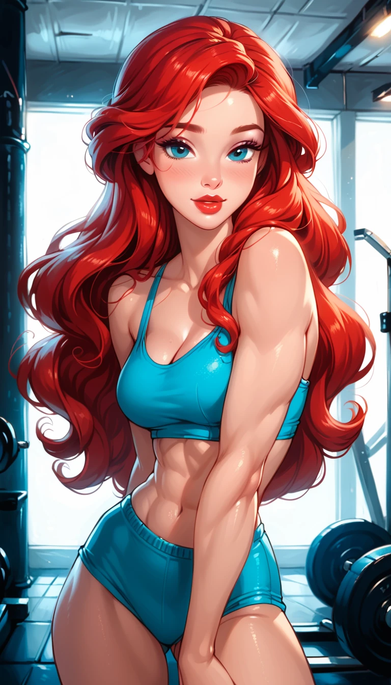 Dark Fantasy Art of score_9, score_8_up, score_7_up, rating_questionable, fantasy, lighting, epiCPhoto 1girl, very sexy (Disney's Ariel, ar_el, fair skin, red lips, red hair, long flowing hair:1.2), cute teal gym attire, (muscular:1.5), (athletic body:1.4), (muscular body:1.6), (bulky:1.3), solo, cute, flirt, gaze, sexy look, half-closed eyes, head tilt, filled lips, thick lips, makeup, modelling shoot, sexy pose, in the gym, dark, moody, dark fantasy style, cowboy shot.