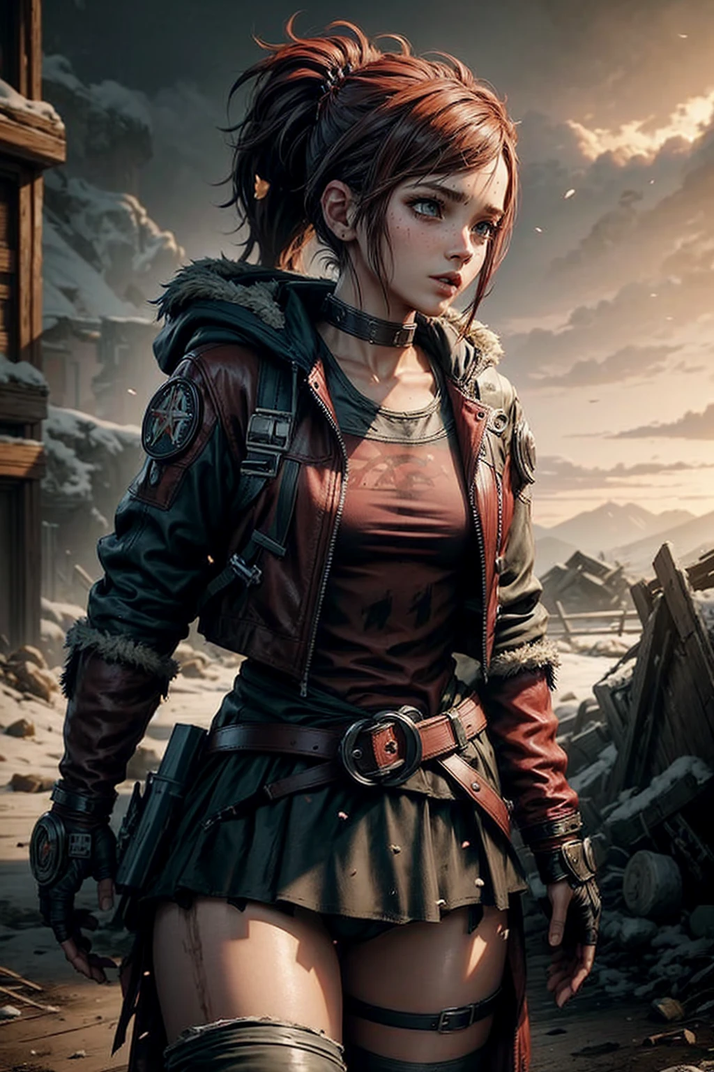 A gladiator girl, wearing a red cyberpunk style jacket, Spiked shoulder armor, short red hair, armoured fighting, thigh high leather boots, tattoos on arms, angry expression on her face, looking forward, ((fighting pose)), abandoned medieval town in the background, gloves, Collar around the neck,  ((hands holding a large sword )),  fringe, fringe entre os olhos, Alone, high resolution, looking at the viewer, ponytail, red leotard with brown belt detail tied at the waist , hood