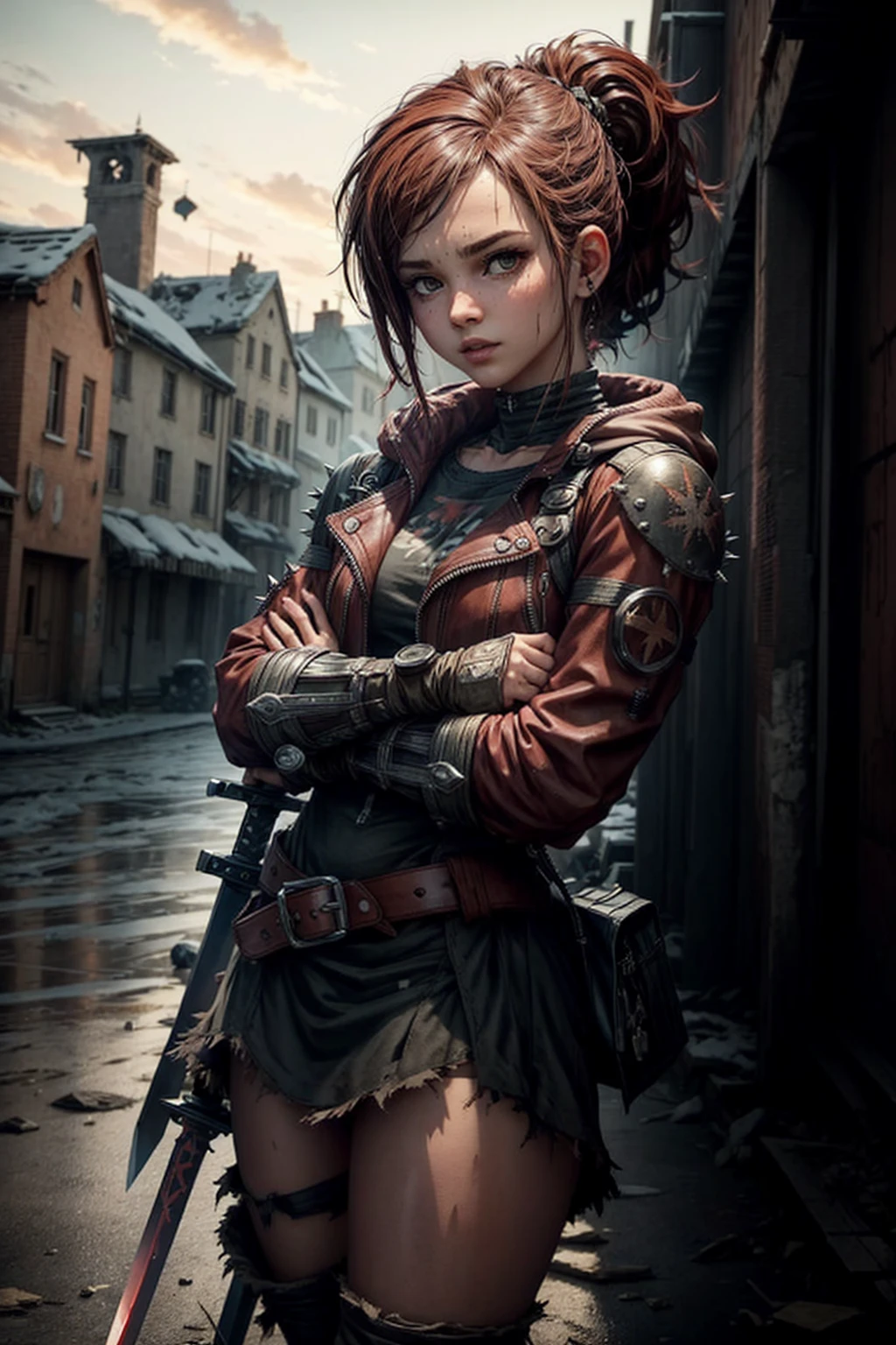 A gladiator girl, wearing a red cyberpunk style jacket, Spiked shoulder armor, short red hair, armoured fighting, thigh high leather boots, tattoos on arms, angry expression on her face, looking forward, ((fighting pose)), abandoned medieval town in the background, gloves, Collar around the neck,  ((hands holding a large sword )),  fringe, fringe entre os olhos, Alone, high resolution, looking at the viewer, ponytail, red leotard with brown belt detail tied at the waist , hood