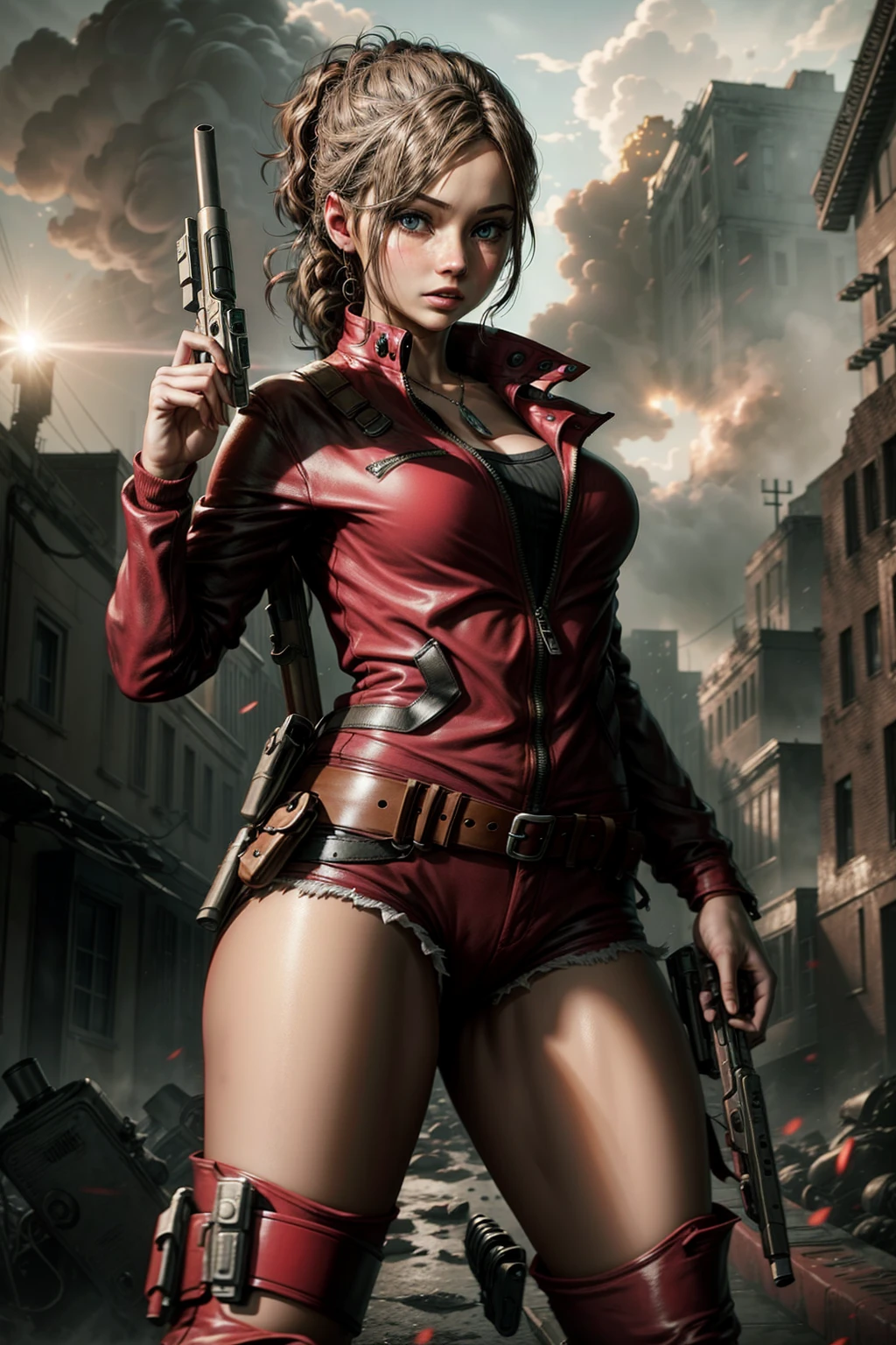 a girl, (Claire redfield - resident evil 2), holding a gun, destroyed city in the background,fringe, ponytail, 